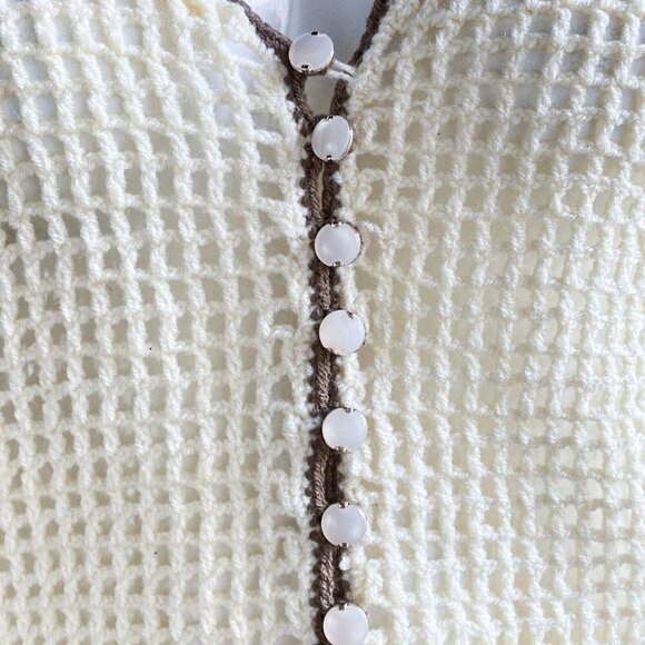Vintage Ivory Crochet Floral Detail Pearl Button Closure  Open Knit Top S - Picture 5 of 8